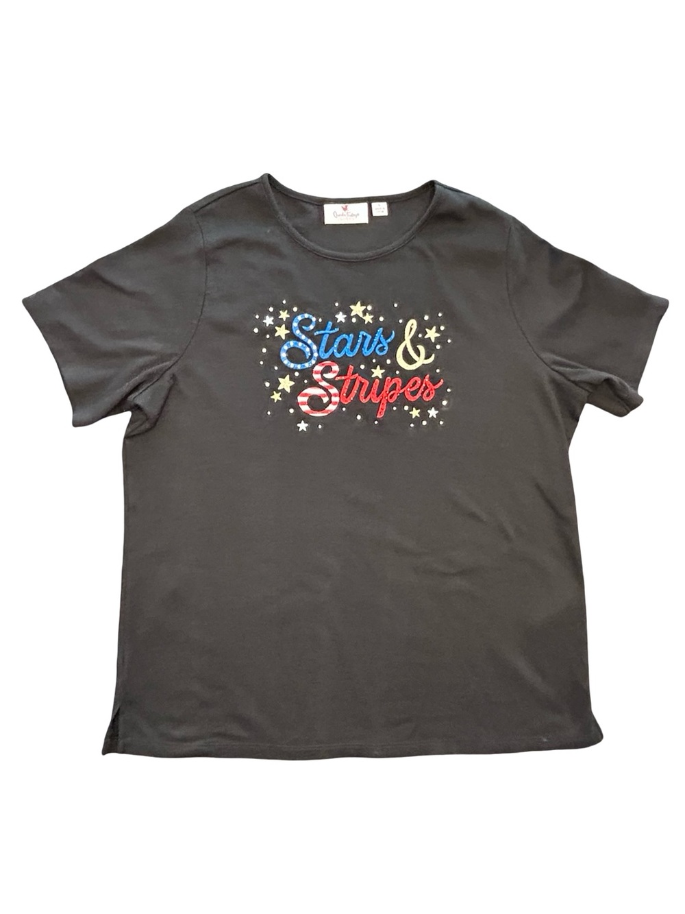 Quacker Factory Americana coll. Stars & Stripes patriotic festive bling top L